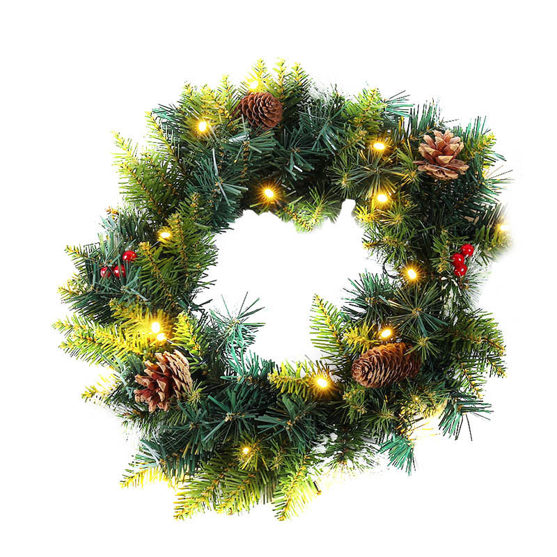 HCW30-80RL-C-15LED,12 Inches Pine Needle Mixed PVC Decorative Wreath With 15led Lights